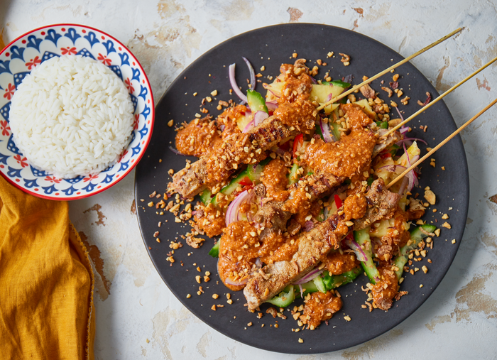 BBQ Cumin Pork Skewers with ATLAS Satay Sauce, Pineapple & Cucumber