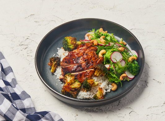 Dish 1 – Sticky Marinated Nikkei Chicken with Japanese Rice, Broccoli, Radish & Toasted Cashews