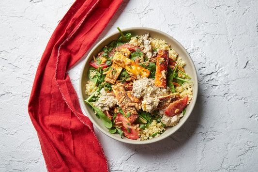 Saganaki Haloumi with Babaganoush, Couscous Salad & Toasted Almonds