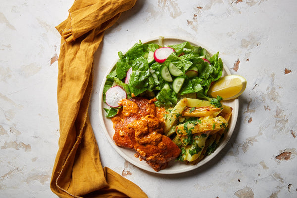 Yoghurt & Lemon Marinated Chicken with Garlic Coriander Potatoes & Radish Lettuce Salad