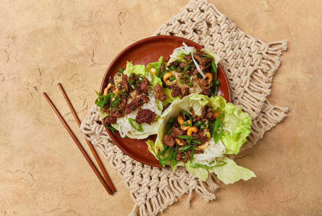 Sticky Caramel Pork Stir-Fry Noodles with Crunchy Lettuce Cups