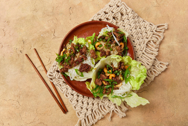 Sticky Caramel Pork Stir-Fry Noodles with Crunchy Lettuce Cups