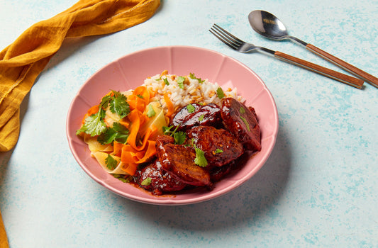 Caramelised Sticky Pork with Peanut Rice & Quick Pickle