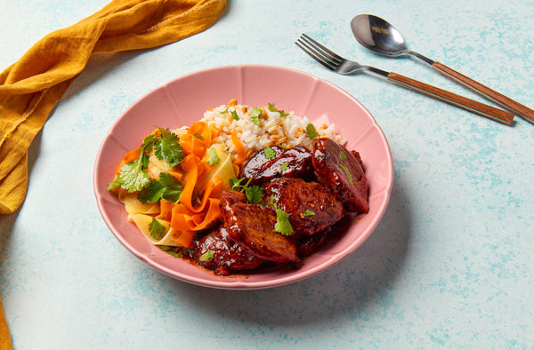 Caramelised Sticky Pork with Peanut Rice & Quick Pickle