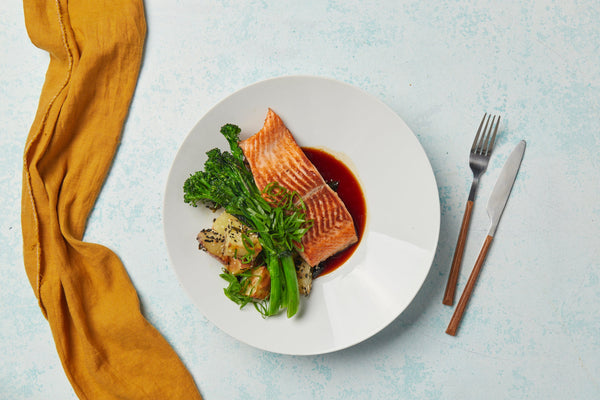 Salmon fillet with nori potatoes, broccolini and dark soy and mirin sauce