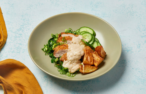 Chicken nanban with stir-fried Asian greens and roast potatoes