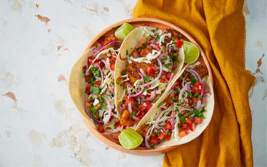 Spiced white fish Baja tacos with cabbage slaw and salsa