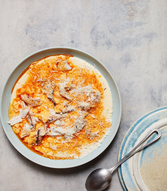 Warm Crab Scrambled Eggs with Polenta