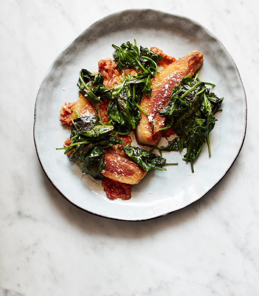 Pork Jowl with Tamarind and Garlic Spinach