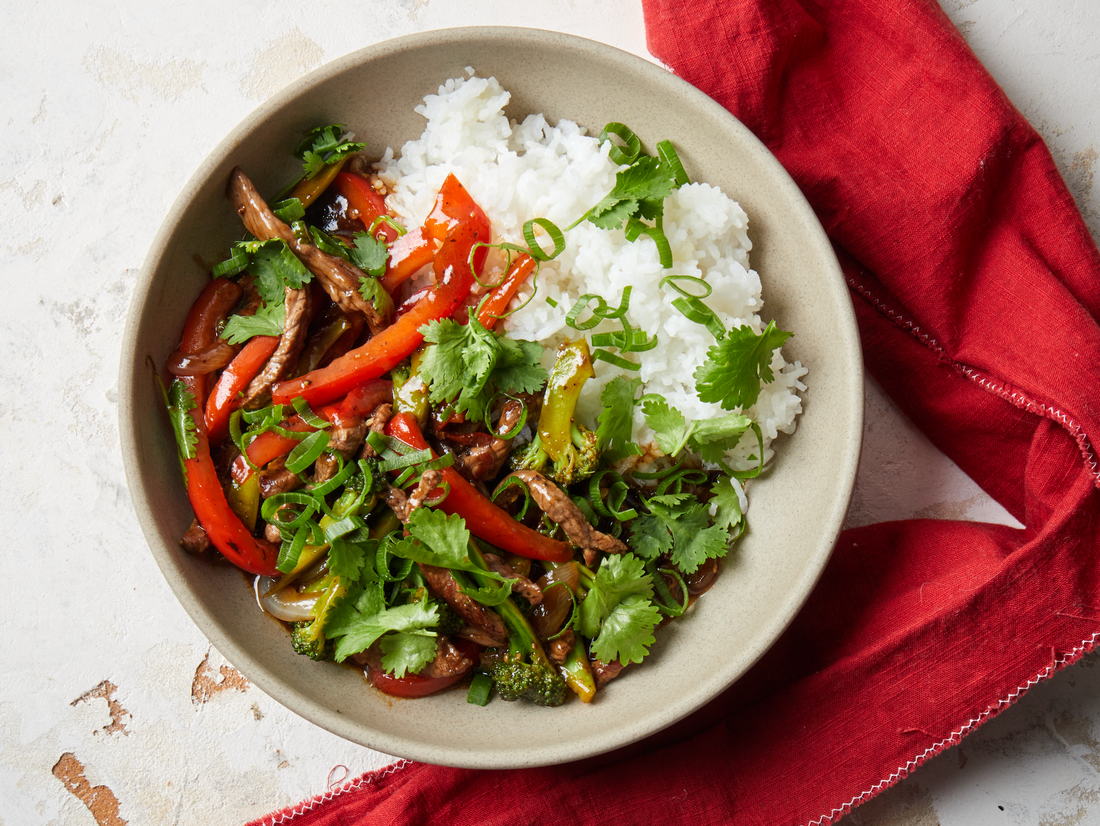 Black Pepper Beef Stir Fry with Capsicum, Broccoli & Jasmine Rice