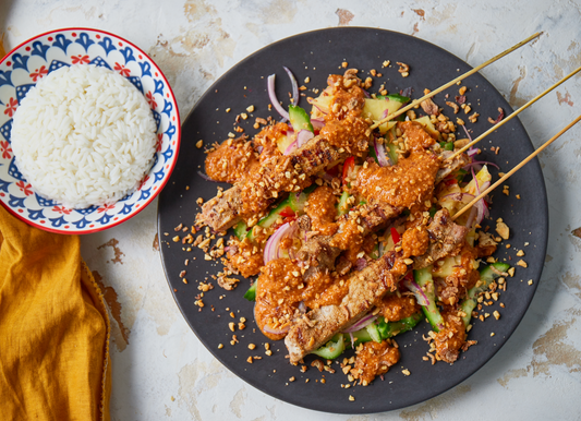 BBQ Cumin Pork Skewers with ATLAS Satay Sauce, Pineapple & Cucumber