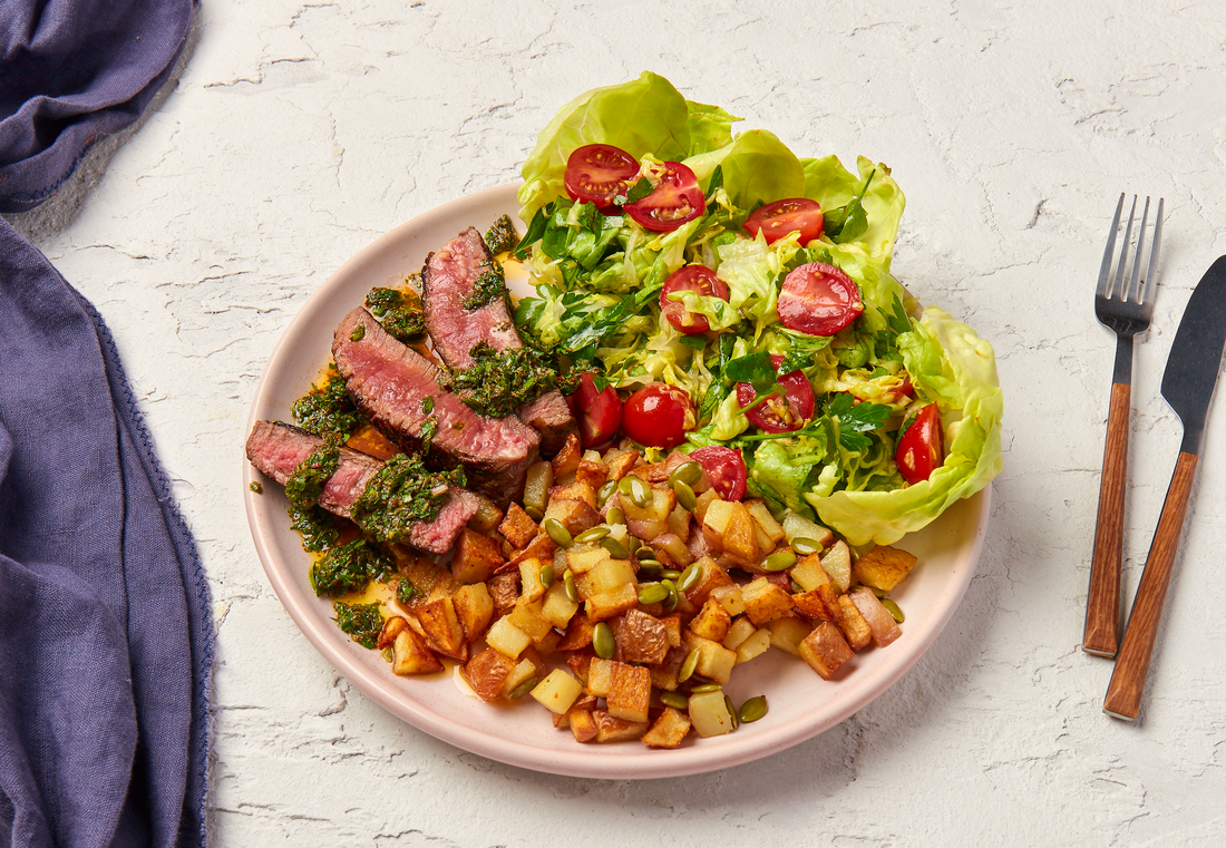 Angus Rump Cap Steak with Chimichurri, Crispy Potatoes & Butter Lettuce Salad