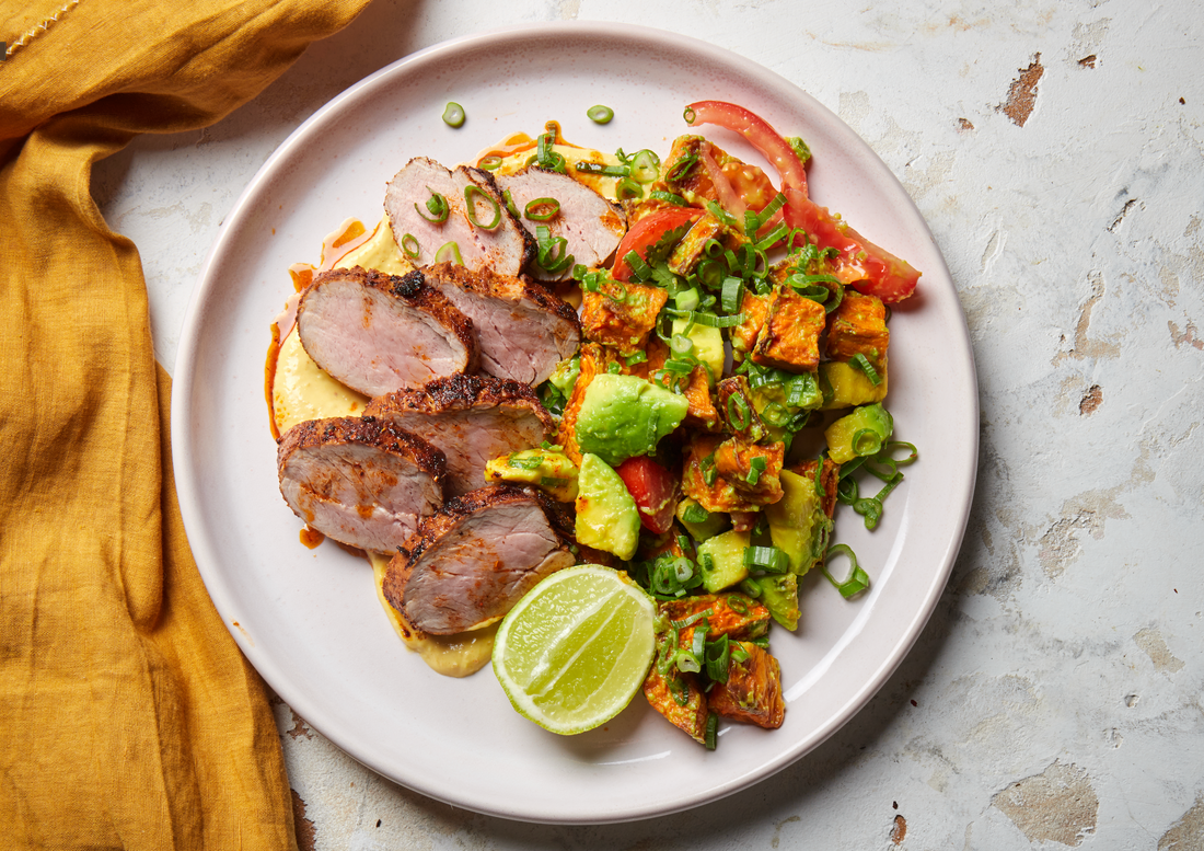 Seasoned Pork Fillet with Ocopa Sauce, Roasted Sweet Potato & Avocado Salsa
