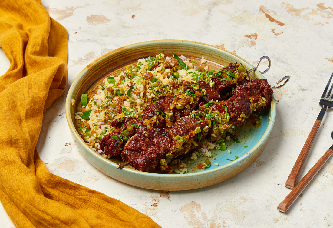 Beef Skewers with Couscous Salad & Lemon Raisin Dressing