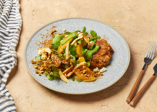 Potato Maakouda with Halloumi & Cucumber Salad