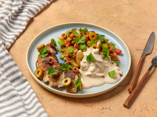 Ras El Hanout Barramundi with Chickpea Olive Salad & Tahini Dressing