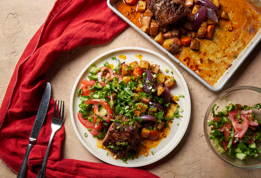 Garam Masala Roast Lamb Leg with Potatoes & Cucumber Salad