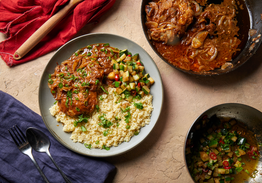 Chicken Dopiaza with Lemon & Garlic Cous Cous and Zucchini Sabzi