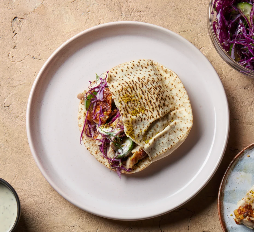 Za'atar Chicken Pita Pockets with Green Tahini, Cabbage, Cucumber & Mint