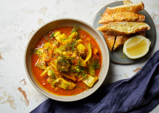 Caldeirada, Portuguese Fish Stew with Fennel, Tomato & Turkish Bread