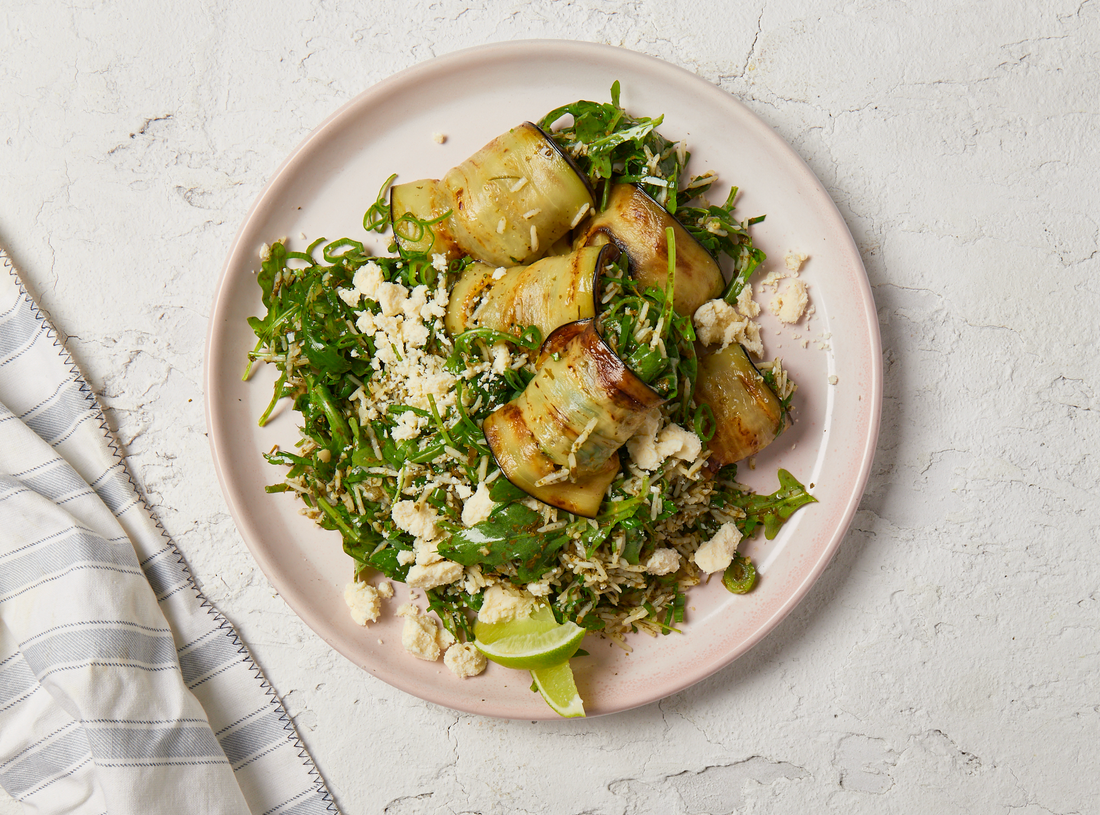 Chargrilled Eggplant with Chimichurri Green Rice, Crumbly Queso Blanco & Rocket