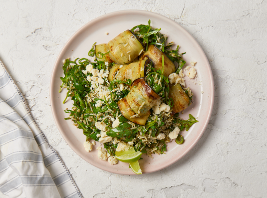 Chargrilled Eggplant with Chimichurri Green Rice, Crumbly Queso Blanco & Rocket