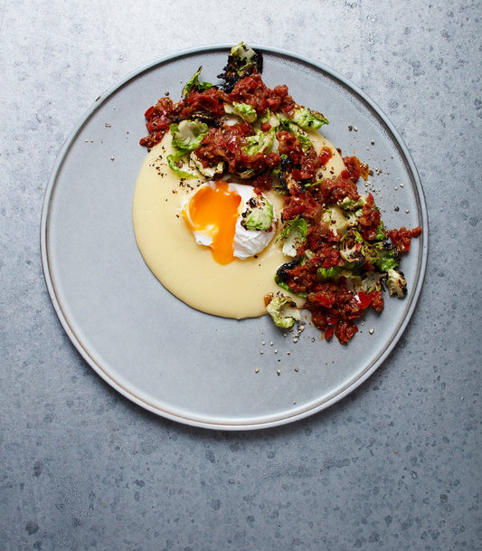 Hot Brussels Sprouts with Mashed Potato and Poached Eggs