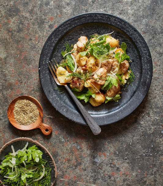 Mint Potatoes with Sweetbreads and Herb and Onion Salad