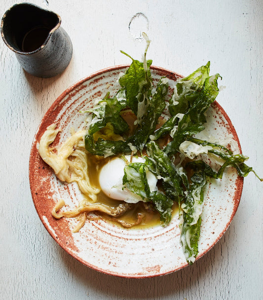 Eggplant with Tempura Water Spinach and Eggs