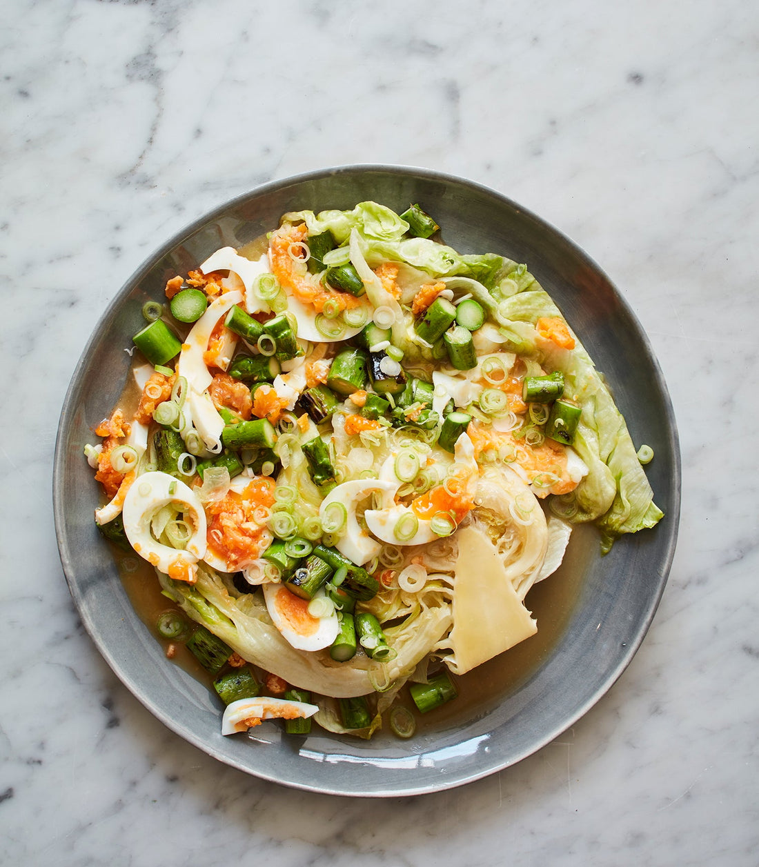 Boiled Egg with Asparagus, Lettuce and Fish Sauce Butter