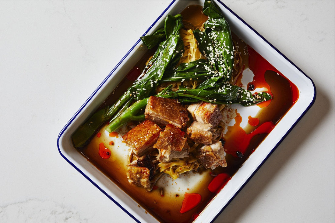 8 hour pork belly with noodles, gai lan and soy and chilli sauce