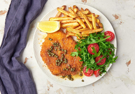 Chicken Milanese with Brown Butter & Caper Sauce, Roasted Potato Chips & Roquette Salad