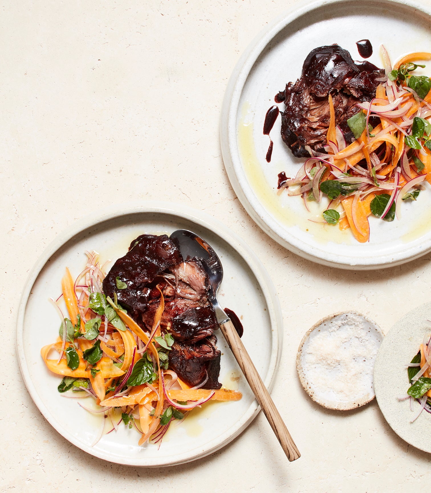 Braised Beef Cheeks with Carrot, Oregano and Red Onion Salad