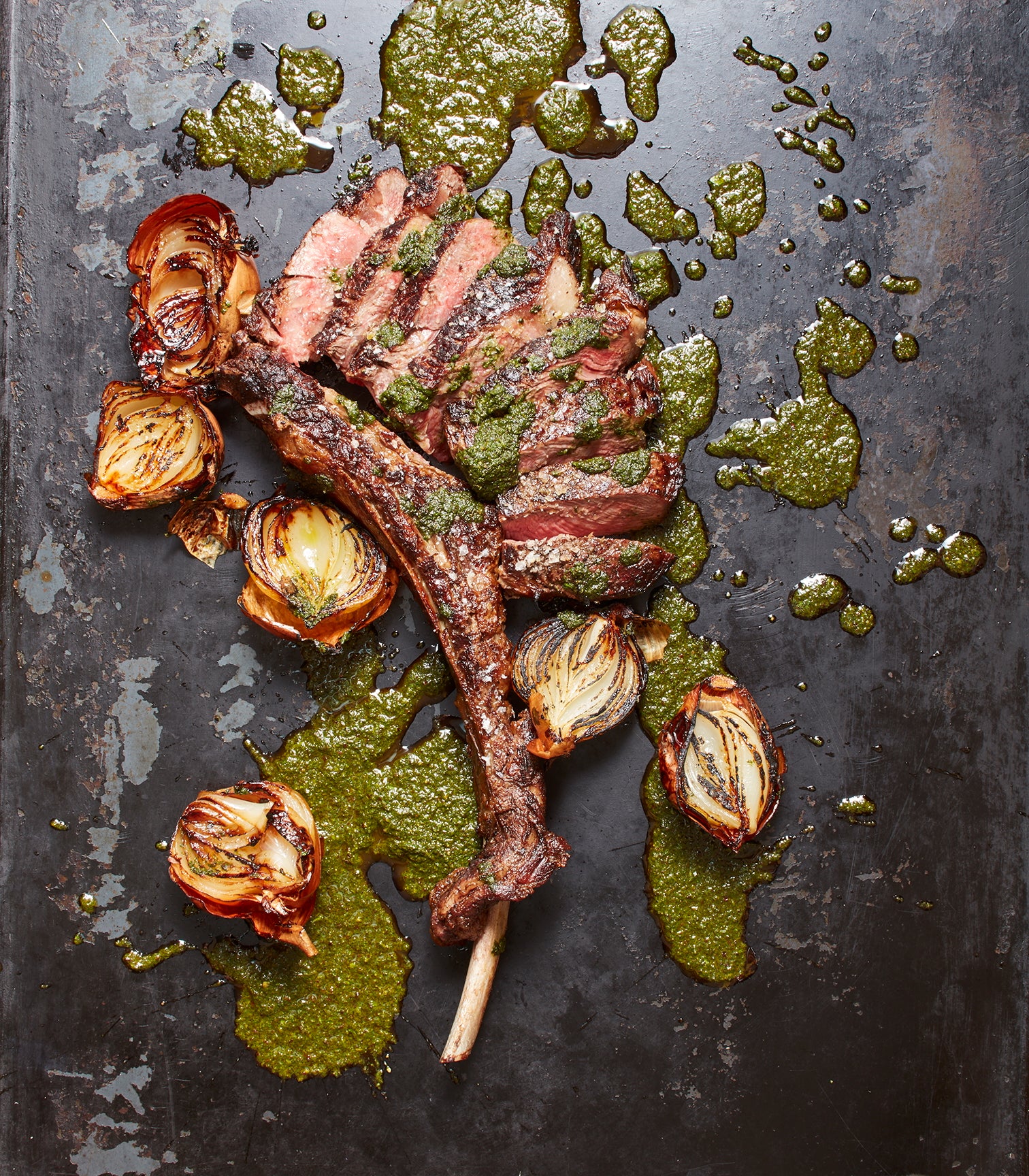 Grilled Tomahawk with Whole Burnt Onion and Chimichurri