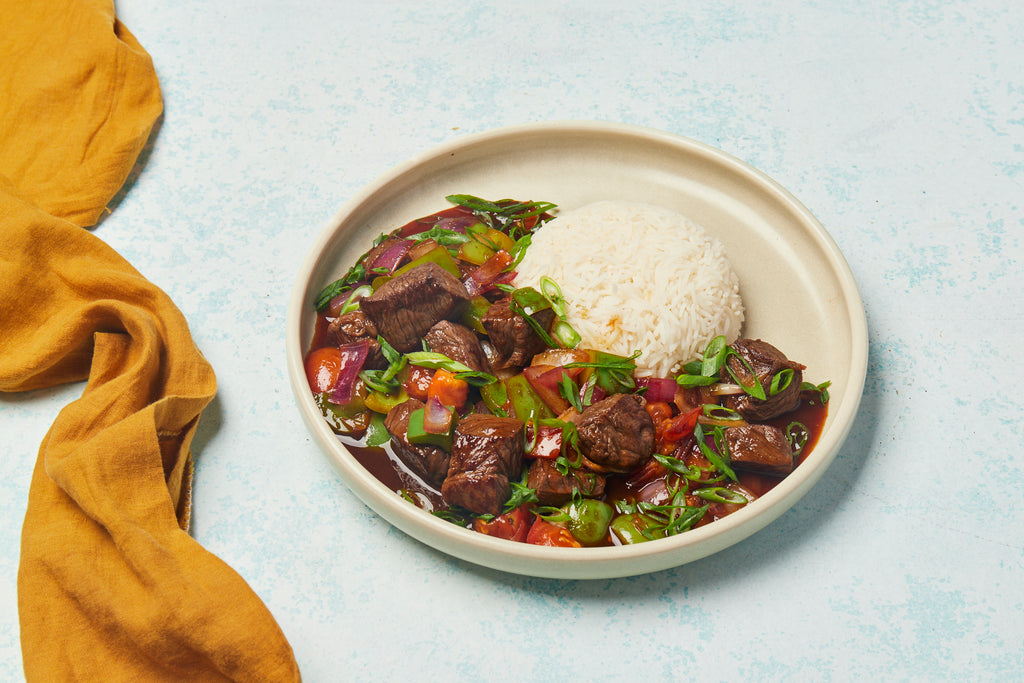 Bo Luc Lac Shaking Beef Stir Fry with Capsicum & Rice