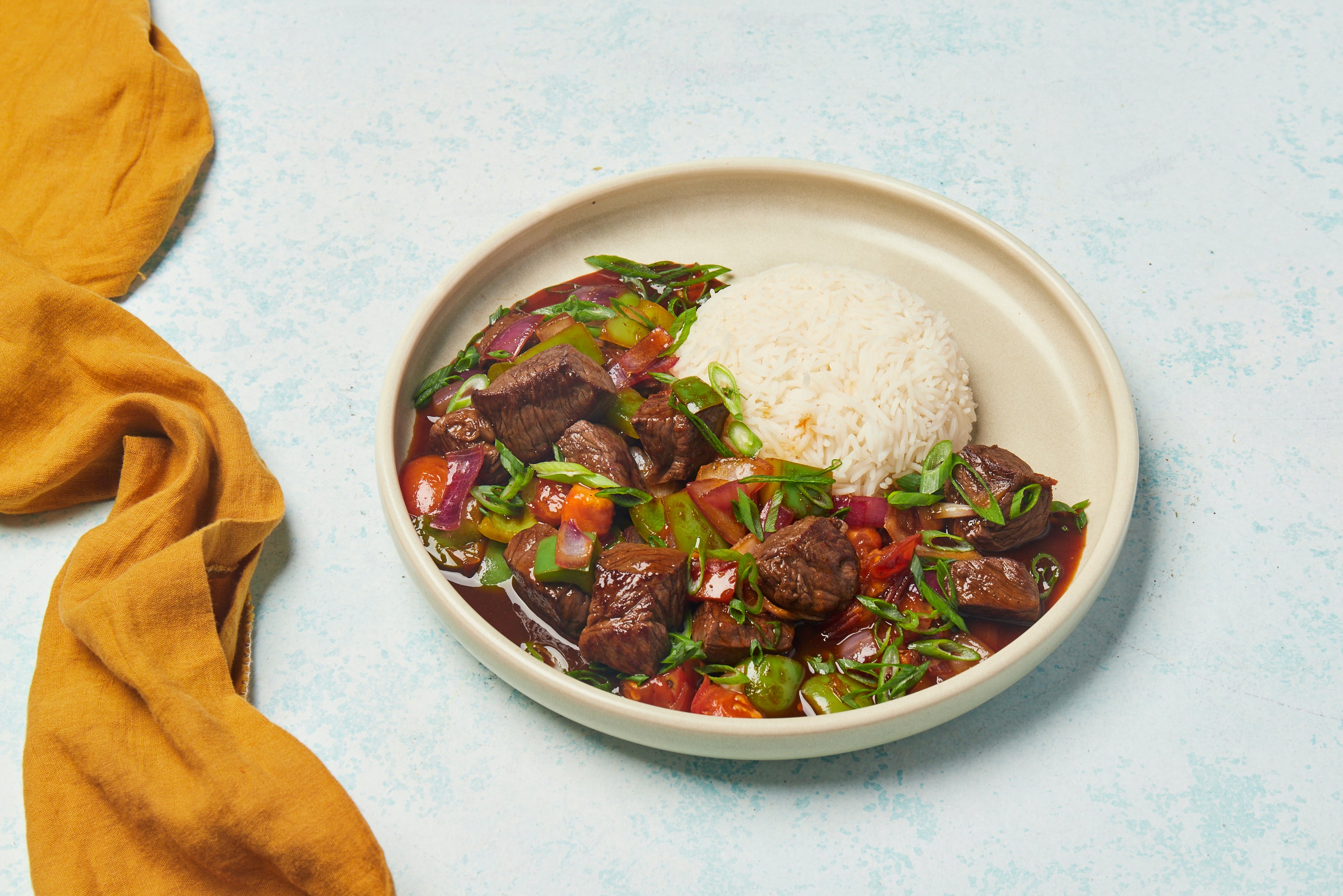Bo Luc Lac Shaking Beef Stir Fry with Capsicum & Rice