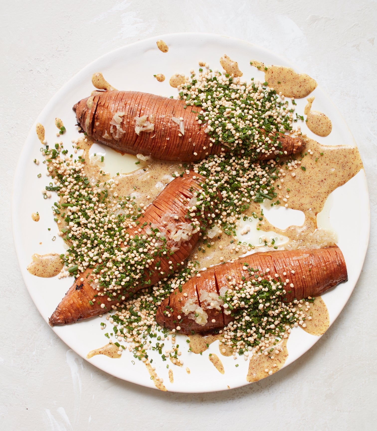 Burnt Sweet Potato with Puffed Quinoa, Quinoa Milk and Chives