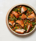 Roasted Pork Belly with Pea and Onion Rice