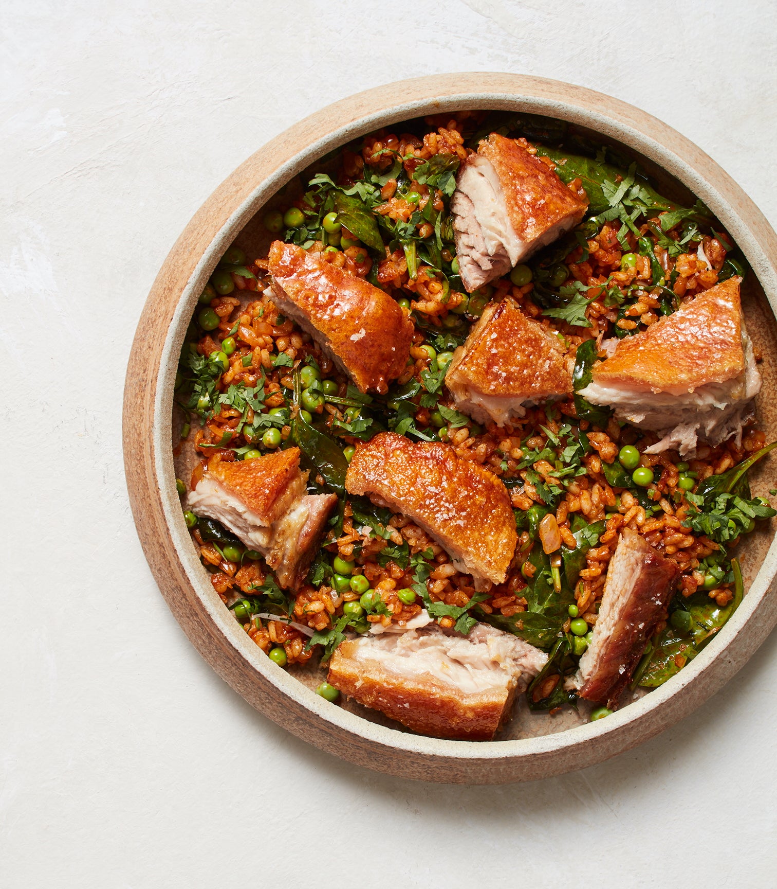 Roasted Pork Belly with Pea and Onion Rice