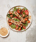 Chicken Skewers with Satay Sauce and Tomato and Spinach Salad