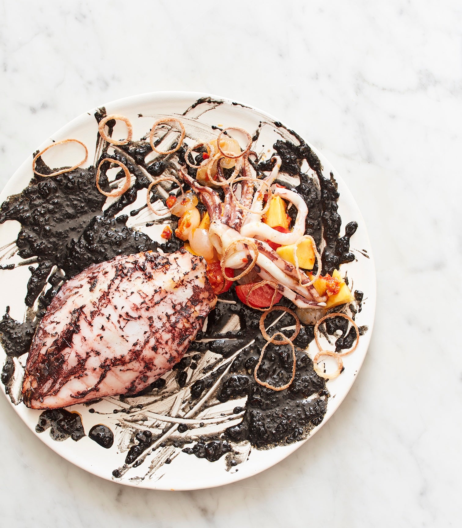 Stir-fried Squid with Fresh Fruit Sambal and Squid Ink Sauce