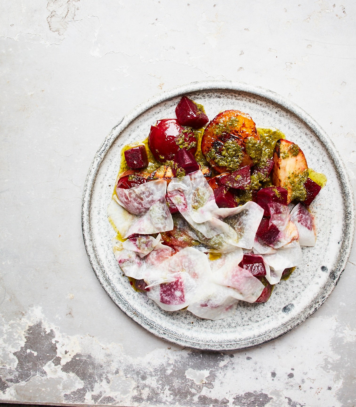 Pickled Kohlrabi Mosaic with Burnt Fruits