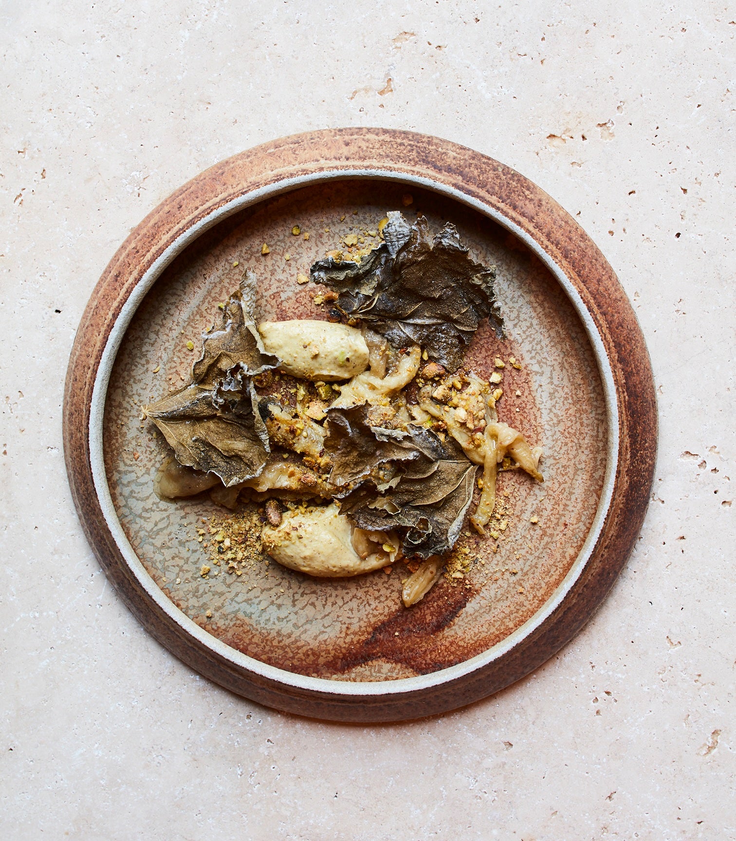Smoked Eggplant with Pistachio and Vine Leaves